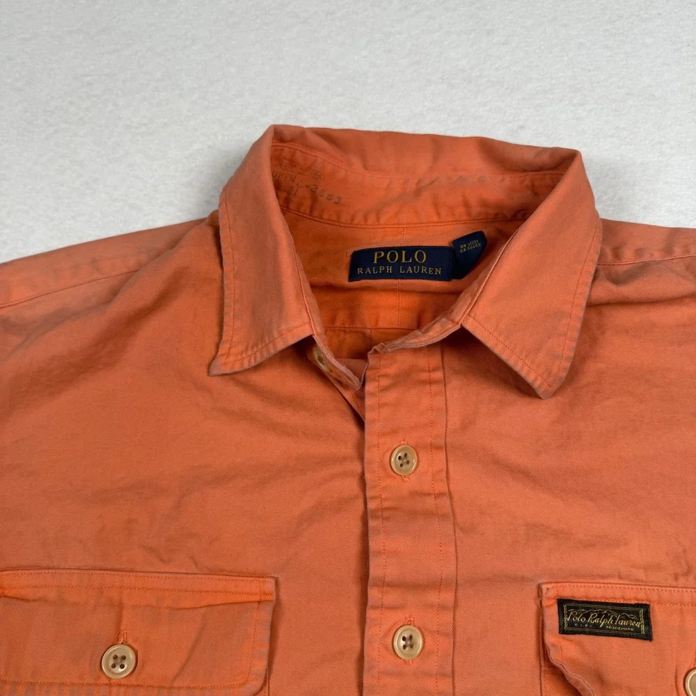 Polo Ralph Lauren Button Up Shirt Mens Large Orange‎ Long Sleeve Cotton Utility